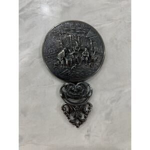 Silver-plated hand mirror, Hans Jensen Denmark, tavern/celebration scene